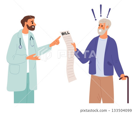 Elderly man shocked by large bill for medical prescription pills. Surprised of medicine price. List of drugs. Physician and senior patient. Vector concept of expensive hospital services 133504099