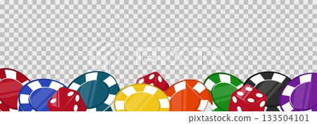 Frame made of dice and colorful poker chips for casino games on transparent background. Gambling game winner. Plastic 3D tokens heap border. Vegas roulette win. Vector jackpot backdrop 133504101