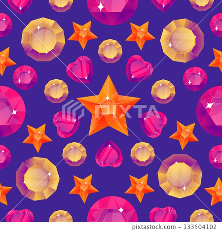 Gemstones or crystals with polished facets. Precious gems seamless pattern. Star and love heart shapes. Brilliant diamond. Bijouterie crystalline. Geological stones. Vector background Gemstones or crystals with polished facets. Precious gems seamless pattern. Star and love heart shapes. Brilliant diamond. Bijouterie crystalline. Geological stones. Vector background 133504102