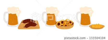 Glass foamy beer with snack food. Fried sausages, pretzels or potato chips. Oktoberfest meal. Bavarian festival. German cuisine. Ale mug. Pub alcohol drink. Vector isolated elements set Glass foamy beer with snack food. Fried sausages, pretzels or potato chips. Oktoberfest meal. Bavarian festival. German cuisine. Ale mug. Pub alcohol drink. Vector isolated elements set 133504104