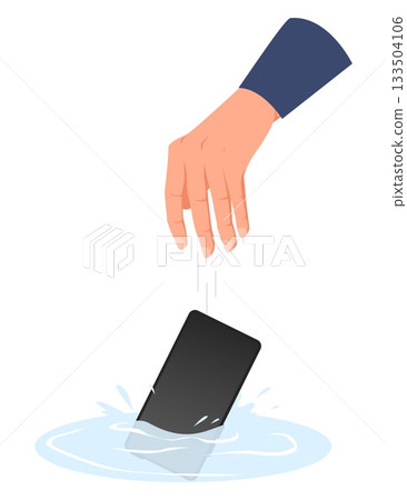 Hand drops your smartphone and it falls into water. Drown mobile in puddle. Broken phone. Electronic device suffered from wet. Failure and misfortune. Waterproof gadget. Vector concept Hand drops your smartphone and it falls into water. Drown mobile in puddle. Broken phone. Electronic device suffered from wet. Failure and misfortune. Waterproof gadget. Vector concept 133504106
