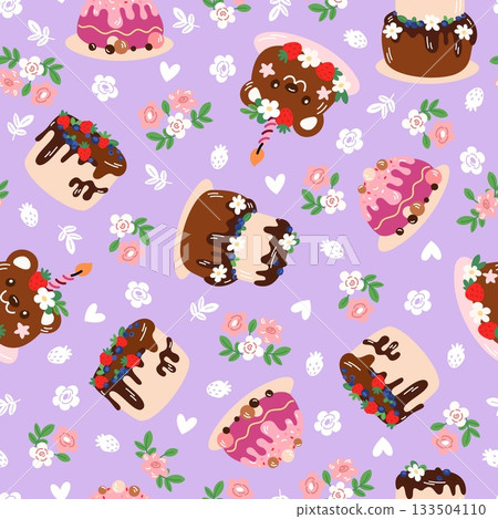 Holiday cakes with candles. Sweet pastries seamless pattern. Birthday dessert. Repeated print. Delicious confectionery. Chocolate glaze and cream. Celebration party food. Vector background 133504110