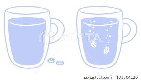 Taking medication for treatment or prevention. Dissolving two tablets in glass of water to take orally. Effervescent pills. Fizzy drug capsules. Pharmaceutical soluble meds. Vector concept 133504120