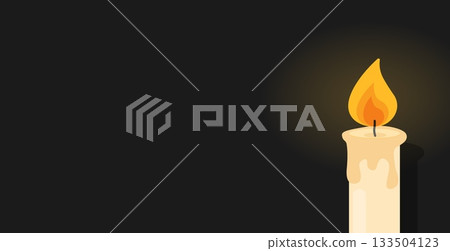 Yellow burning candle on dark background. Mourning burial ceremony in church. Paraffin sticks with lit wicks. Melting wax. Memory candlestick fire. Vector concept of memorial candlelight 133504123