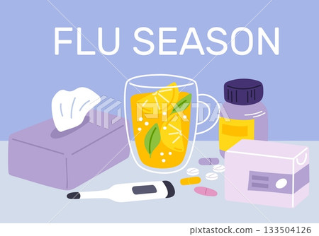 Cold or flu remedies. Healthcare drink cup with honey and lemon. Pills for fever treatment. Tissues box. Thermometer and pharmaceutical meds. Vector banner about start of influenza season 133504126
