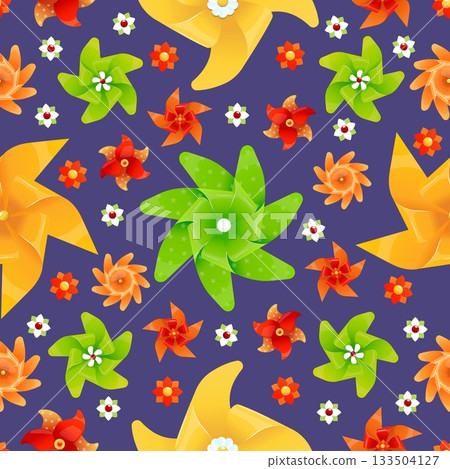 Colorful paper fans for kids to play. Windmill toys seamless pattern. Repeated print. Pinwheels with vane blades. Children propellers. Spinning origami. Rotated wheels. Vector background Colorful paper fans for kids to play. Windmill toys seamless pattern. Repeated print. Pinwheels with vane blades. Children propellers. Spinning origami. Rotated wheels. Vector background 133504127
