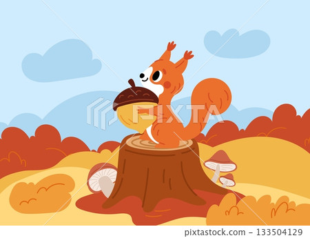 Contented squirrel with large acorn sits on stump against backdrop of beautiful autumn forest. Animal holding nut. Orange tree leaves. Autumnal nature. Wild mammal. Vector illustration 133504129