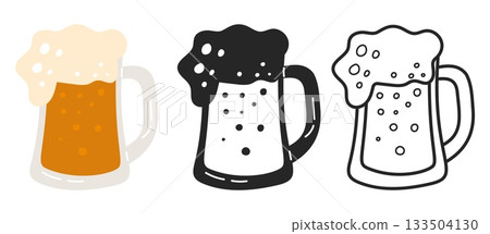 Glass goblet icons with foamy drink. Beer mug. Oktoberfest froth beverage. Full ale pint. Silhouette or line print. Color cup for alcohol. Lager bar festival. Vector brewery symbols set 133504130