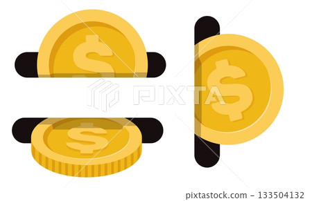 Gold coin with dollar sign inserted into coin slot. Cash withdraw. Banking terminal. Put dollar into slot of vending machine. Financial machine. Piggybank gap. Money payments vector set 133504132