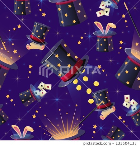 Magicians props hat with rabbit and playing cards. Magical tricks seamless pattern. Gold coins and magic wand. Repeated print. Circus performance. Shiny cylinder cap. Vector background 133504135