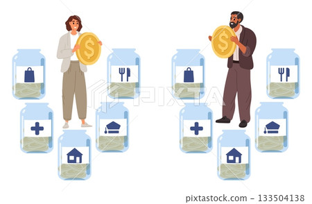 Man and woman allocate money for education, housing, food, medicine and shopping. Budget planning. Financial management. Savings in glass jars. Earnings diversification. Vector concept 133504138