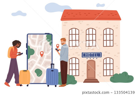 Man and woman book hotel room online using app on phone. Smartphone screen. Map with location pin. Travel application. Tourist with baggage. Motel accommodation reservation. Vector concept Man and woman book hotel room online using app on phone. Smartphone screen. Map with location pin. Travel application. Tourist with baggage. Motel accommodation reservation. Vector concept 133504139