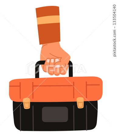 Mechanics or plumbers hand holding red toolbox. Builder carrying professional toolkit. Constructor or technician worker. Handyman tools. Hardware box. Portable storage. Vector concept Mechanics or plumbers hand holding red toolbox. Builder carrying professional toolkit. Constructor or technician worker. Handyman tools. Hardware box. Portable storage. Vector concept 133504140