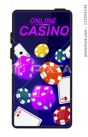 Mobile phone with game chips. Playing cards. Poker ace. Gambling dice. Text about bingo casino. Online application. Cellphone app. Gamble betting. Winner jackpot. Vector smartphone screen Mobile phone with game chips. Playing cards. Poker ace. Gambling dice. Text about bingo casino. Online application. Cellphone app. Gamble betting. Winner jackpot. Vector smartphone screen 133504144