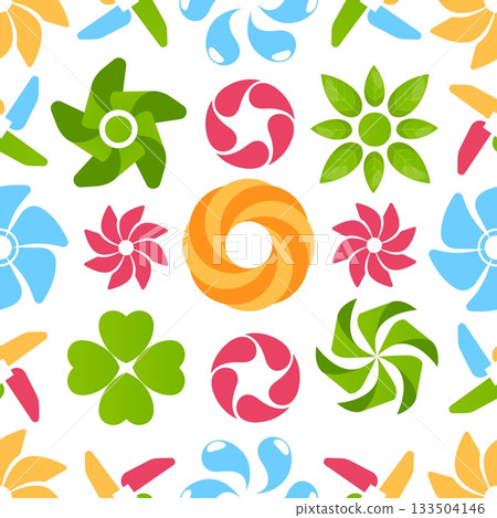 Multicolored fan or propeller icons seamless pattern. Spinning blades twirl. Windmill toys. Spinning origami. Repeated print. Spinner shapes. Whirligig wheel. Vector abstract background 133504146