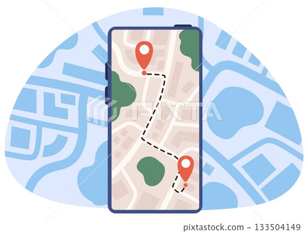 Phone app with city map and GPS navigation. Red geotags and dotted line showing route. Smartphone screen. Mobile application. Online roadmap navigator. City location mark. Vector concept 133504149