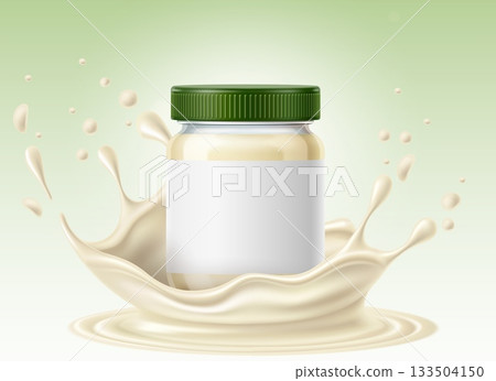 Realistic glass bottle of mayonnaise. White cream splashes. Delicious sauce for vegetables and meat. Food packaging. 3D jar with lid and label. Mayo dressing drops. Vector package mockup 133504150