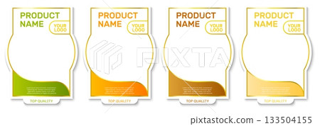 Realistic label or packaging template. Product package blank badge frame. Premium quality brand. Preserve pickle bottle tag. Kitchen canned pot paper. Food stickers design vector set Realistic label or packaging template. Product package blank badge frame. Premium quality brand. Preserve pickle bottle tag. Kitchen canned pot paper. Food stickers design vector set 133504155