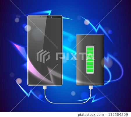 Realistic mobile phone with external battery charging. Gadget powered by power bank. Smartphone and accumulator connected with wire cable. Gadget recharge. Vector electronic object Realistic mobile phone with external battery charging. Gadget powered by power bank. Smartphone and accumulator connected with wire cable. Gadget recharge. Vector electronic object 133504209