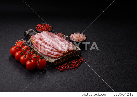 Meat, raw pork bacon sliced, organic food, protein for snacks. Raw bacon as a background 133504212