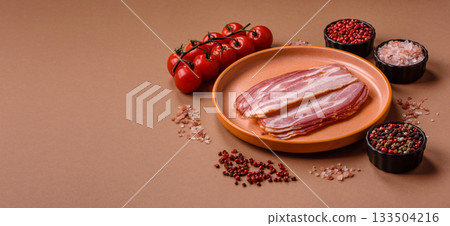 Meat, raw pork bacon sliced, organic food, protein for snacks. Raw bacon as a background 133504216