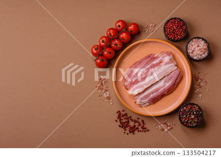Meat, raw pork bacon sliced, organic food, protein for snacks. Raw bacon as a background 133504217