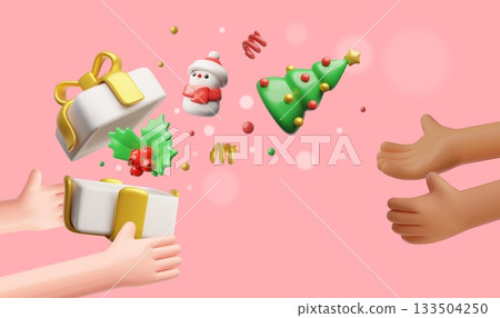 3D hands passing a gift box, from which emerges a Christmas tree, snowman, and holly branch. 133504250