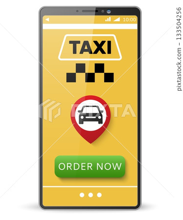 Realistic smartphone with app for ordering taxis online. Car service application. UI design. Touchscreen with buttons. Passenger transportation. Vector phone screen interface template 133504256