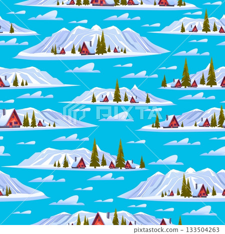 Rural houses in mountains among snow and trees. Winter landscape seamless pattern. Cold season scenic scenery. Snowy wild forest. Repeated print. Wooden homes. Vector panorama background Rural houses in mountains among snow and trees. Winter landscape seamless pattern. Cold season scenic scenery. Snowy wild forest. Repeated print. Wooden homes. Vector panorama background 133504263