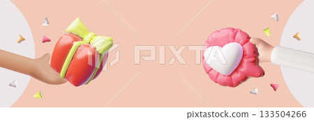 3D hands holding a gift box and a heart in a speech bubble, sharing, social media. 133504266