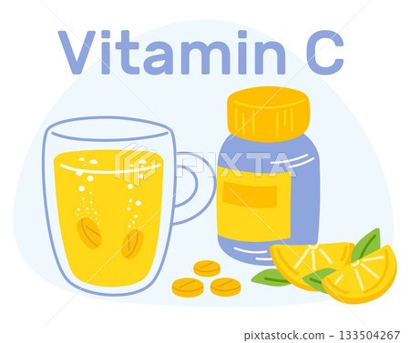 Soluble tablets with vitamin C dissolve in cup of water. Flu disease prevention. Hot fizzy drink glass mug. Citrus pieces. Lemon taste. Immune support. Effervescent pills. Vector concept Soluble tablets with vitamin C dissolve in cup of water. Flu disease prevention. Hot fizzy drink glass mug. Citrus pieces. Lemon taste. Immune support. Effervescent pills. Vector concept 133504267