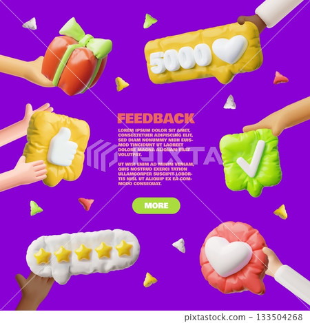 3D hands with speech bubbles with class, check mark, heart, star, online communication. 3D hands with speech bubbles with class, check mark, heart, star, online communication. 133504268