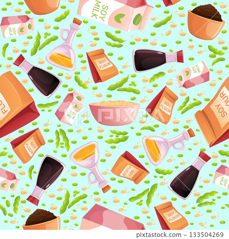 Soy products seamless pattern. Superfood soybean. Oil and sauce bottles. Porridge bowl with vegan soymilk. Repeated print. Diet food. Beans flour. Cooking ingredients. Vector background 133504269