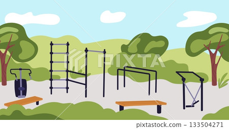 Sports playground with exercise equipment. Horizontal and parallel bars in park surrounded by nature. Fitness simulators. Empty park athletic zone. Gymnastic turnstiles. Vector background 133504271
