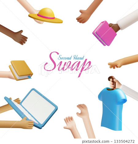 Second hand swap 3D vector design, hands are making exchange books, clothes, laptop, donation and charity, reusable 133504272