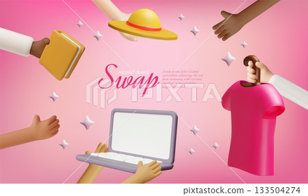 3D banner with hands holding various items, concept of exchange, selling used goods. 3D banner with hands holding various items, concept of exchange, selling used goods. 133504274