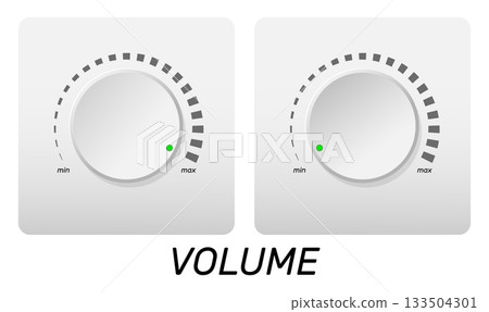 Volume control. Minimum and maximum level of sound or music. Round rotating button. Multimedia panel knob with scale. Amplifier interface. Loud regulator. Vector realistic objects set 133504301