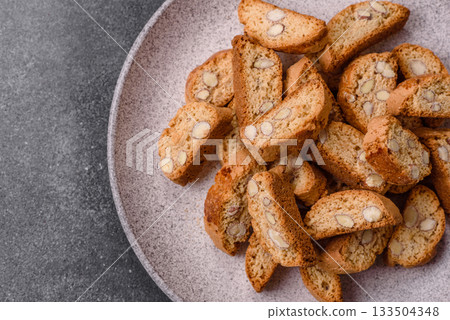 Italian cantuccini cookies with almonds, a sweet biscuit dessert. Cantuccini cookies Italian cantuccini cookies with almonds, a sweet biscuit dessert. Cantuccini cookies 133504348