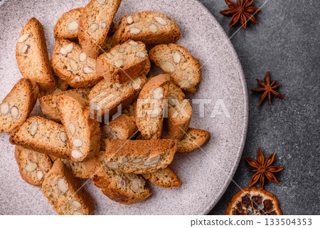 Italian cantuccini cookies with almonds, a sweet biscuit dessert. Cantuccini cookies Italian cantuccini cookies with almonds, a sweet biscuit dessert. Cantuccini cookies 133504353