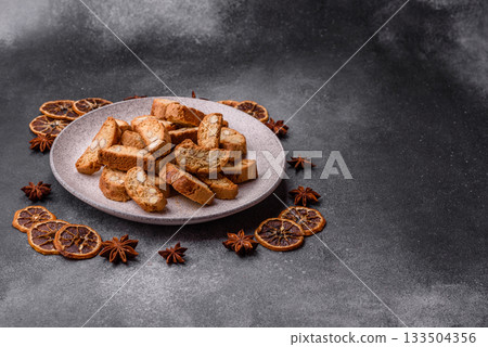 Italian cantuccini cookies with almonds, a sweet biscuit dessert. Cantuccini cookies Italian cantuccini cookies with almonds, a sweet biscuit dessert. Cantuccini cookies 133504356