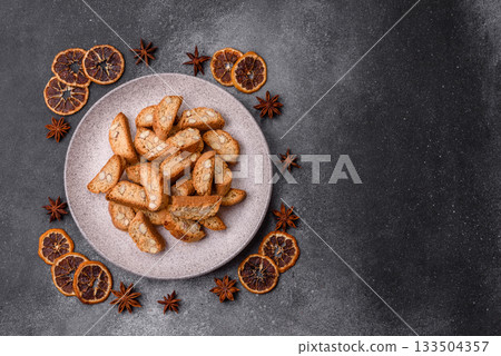 Italian cantuccini cookies with almonds, a sweet biscuit dessert. Cantuccini cookies Italian cantuccini cookies with almonds, a sweet biscuit dessert. Cantuccini cookies 133504357