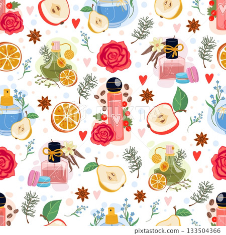 Womens perfume with floral and fruity aromas. Perfumery seamless pattern. Fragrant liquid in bottles. Flower smells. Repeated print. Toilet water vials. Essential oil. Vector background 133504366