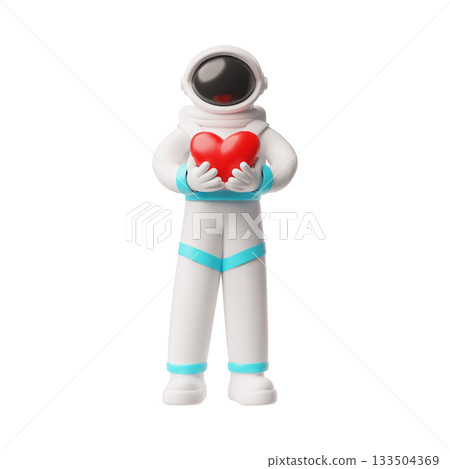 Astronaut standing and showing heart in hands 3D cartoon plastic style, vector cosmonaut character in spacesuit in love 133504369