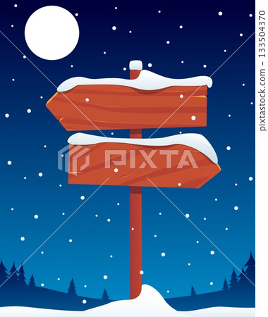 Wooden signpost in snow covered forest on winter night. Starry sky with moon. Snowy wood signboard. Frozen guidepost frame in snowdrift. Nature landscape. Arrow pointer. Vector background 133504370