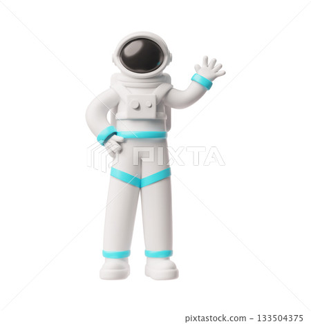 Astronaut waving his hand, greeting 3D cartoon plastic style, vector cosmonaut in spacesuit, interstellar character 133504375