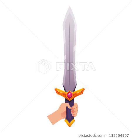 Cartoon sword in hand, vector game saber with handle decorated gemstone, ancient warrior or medieval knight weapon Cartoon sword in hand, vector game saber with handle decorated gemstone, ancient warrior or medieval knight weapon 133504397