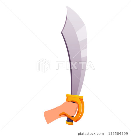 A hand holds a saber with a thick, curved, sharp blade, a medieval weapon. A hand holds a saber with a thick, curved, sharp blade, a medieval weapon. 133504399