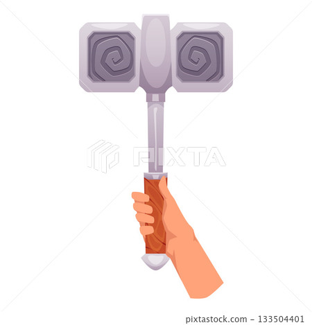 A human hand holding a medieval square hammer with a spiral pattern. 133504401