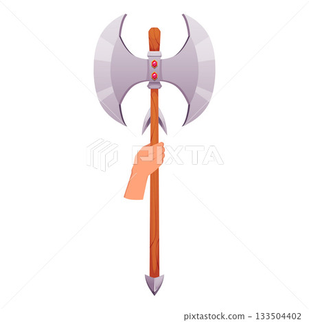 Cartoon hand holds axe pike, lance medieval weapon, vector game iron axes with long wooden handle, ancient warrior 133504402