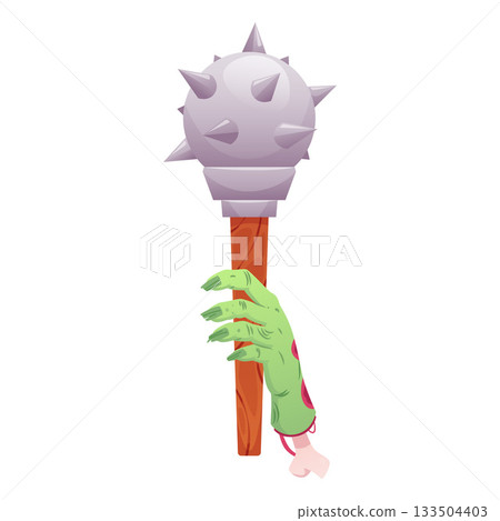Cartoon zombie hand holds mace medieval game weapon, vector warrior spiked club with iron thorns in walking dead arm 133504403